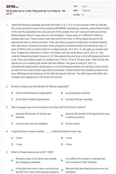 Đề thi giữa học kì 2 môn Tiếng Anh lớp 12 có đáp án - Đề số 15