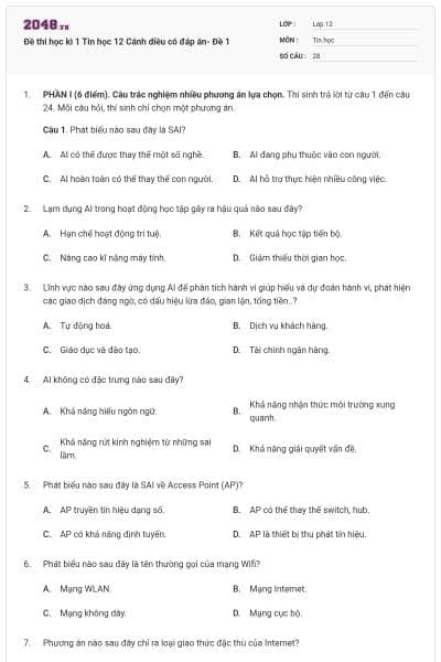 Đề thi học kì 1 Tin học 12 Cánh diều có đáp án- Đề 1