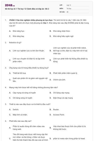 Đề thi học kì 1 Tin học 12 Cánh diều có đáp án- Đề 2