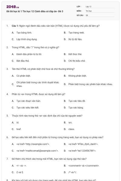 Đề thi học kì 1 Tin học 12 Cánh diều có đáp án- Đề 3