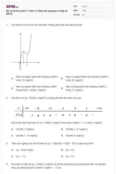 Bộ 10 đề thi cuối kì 1 Toán 12 Chân trời sáng tạo có đáp án (Đề 6)