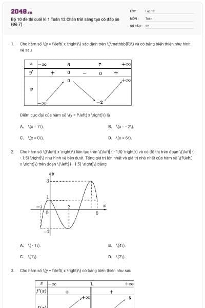 Bộ 10 đề thi cuối kì 1 Toán 12 Chân trời sáng tạo có đáp án (Đề 7)