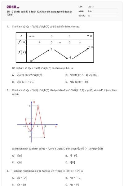 Bộ 10 đề thi cuối kì 1 Toán 12 Chân trời sáng tạo có đáp án (Đề 8)