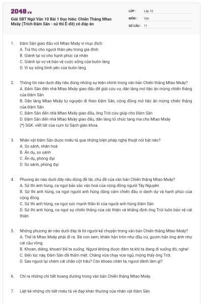 Giải SBT Ngữ Văn 10 Bài 1 Đọc hiểu: Chiến Thắng Mtao Mxây (Trích Đăm Săn - sử thi Ê-đê) có đáp án