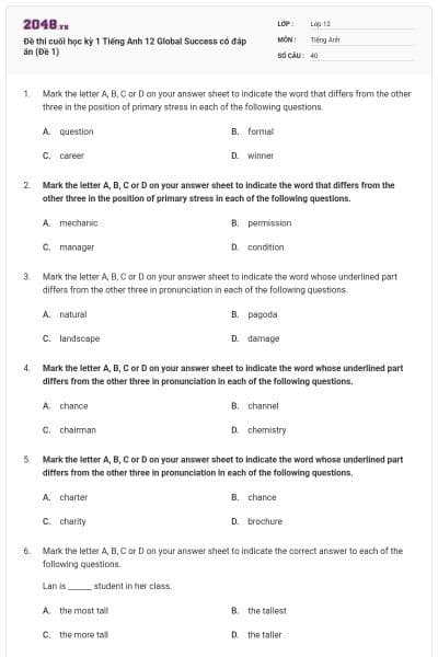 Đề thi cuối học kỳ 1 Tiếng Anh 12 Global Success có đáp án (Đề 1)