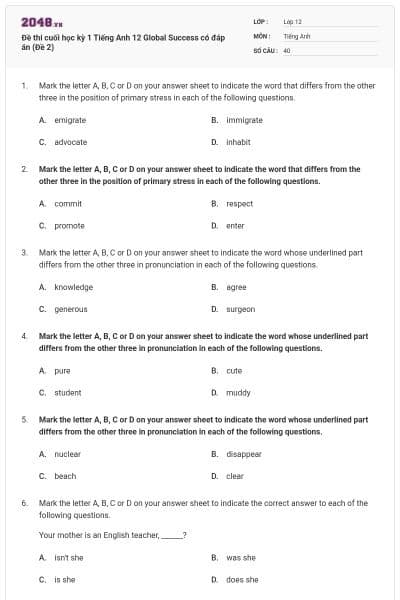 Đề thi cuối học kỳ 1 Tiếng Anh 12 Global Success có đáp án (Đề 2)