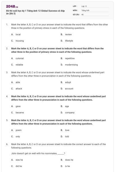 Đề thi cuối học kỳ 1 Tiếng Anh 12 Global Success có đáp án (Đề 3)