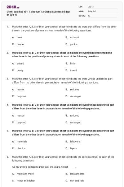 Đề thi cuối học kỳ 1 Tiếng Anh 12 Global Success có đáp án (Đề 4)