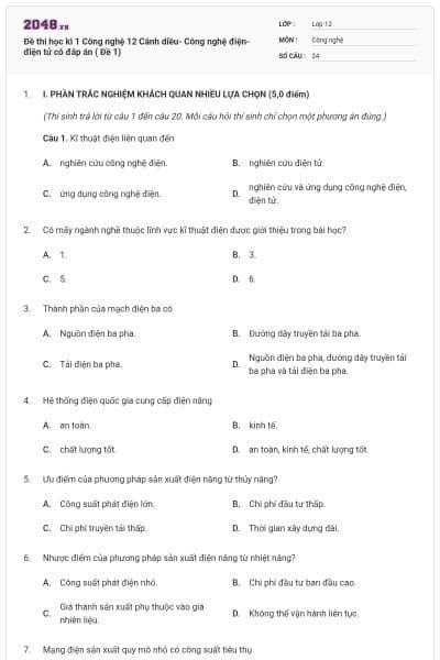 Đề thi học kì 1 Công nghệ 12 Cánh diều- Công nghệ điện- điện tử có đáp án ( Đề 1)
