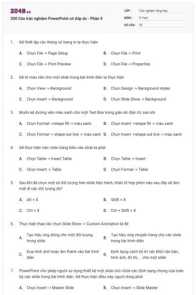 350 Câu trắc nghiệm PowerPoint có đáp án - Phần 9