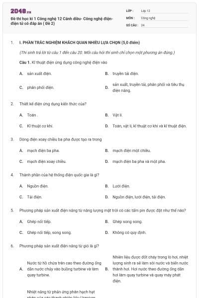 Đề thi học kì 1 Công nghệ 12 Cánh diều- Công nghệ điện- điện tử có đáp án ( Đề 2)