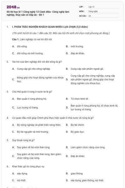 Đề thi học kì 1 Công nghệ 12 Cánh diều- Công nghệ lâm nghiệp, thủy sản có đáp án - Đề 1