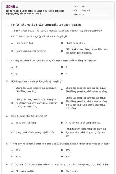 Đề thi học kì 1 Công nghệ 12 Cánh diều- Công nghệ lâm nghiệp, thủy sản có đáp án - Đề 2