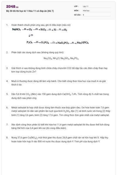 Bộ 30 đề thi học kì 1 Hóa 11 có đáp án (Đề 7)