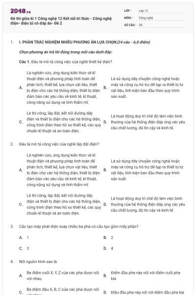 Đề thi giữa kì 1 Công nghệ 12 Kết nối tri thức - Công nghệ điện- điện tử có đáp án- Đề 2