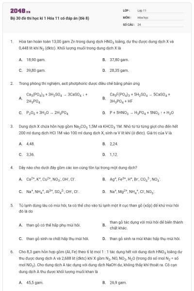 Bộ 30 đề thi học kì 1 Hóa 11 có đáp án (Đề 8)