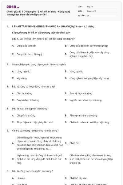 Đề thi giữa kì 1 Công nghệ 12 Kết nối tri thức - Công nghệ lâm nghiệp, thủy sản có đáp án- Đề 1