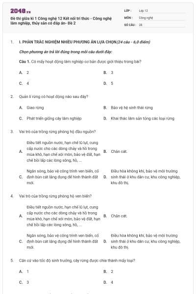 Đề thi giữa kì 1 Công nghệ 12 Kết nối tri thức - Công nghệ lâm nghiệp, thủy sản có đáp án- Đề 2