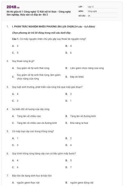 Đề thi giữa kì 1 Công nghệ 12 Kết nối tri thức - Công nghệ lâm nghiệp, thủy sản có đáp án- Đề 2