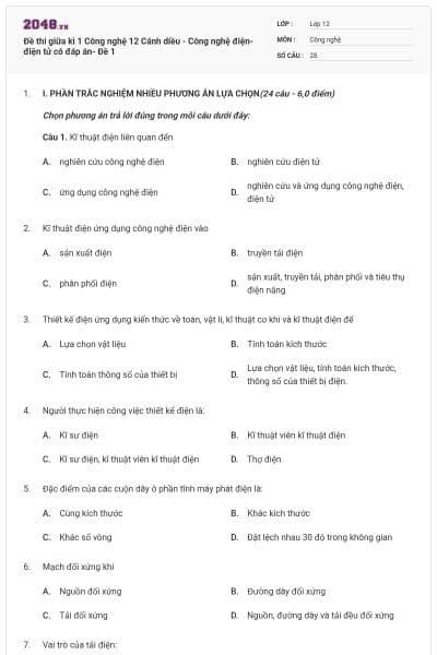 Đề thi giữa kì 1 Công nghệ 12 Cánh diều - Công nghệ điện- điện tử có đáp án- Đề 1
