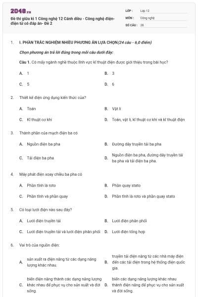 Đề thi giữa kì 1 Công nghệ 12 Cánh diều - Công nghệ điện- điện tử có đáp án- Đề 2
