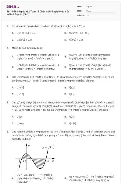 Bộ 10 đề thi giữa kì 2 Toán 12 Chân trời sáng tạo cấu trúc mới có đáp án (Đề 1)