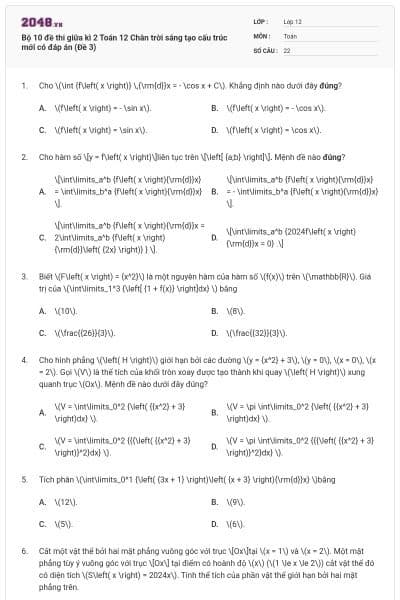 Bộ 10 đề thi giữa kì 2 Toán 12 Chân trời sáng tạo cấu trúc mới có đáp án (Đề 3)