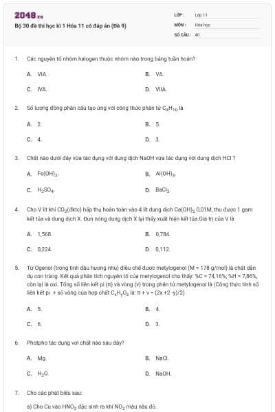 Bộ 30 đề thi học kì 1 Hóa 11 có đáp án (Đề 9)