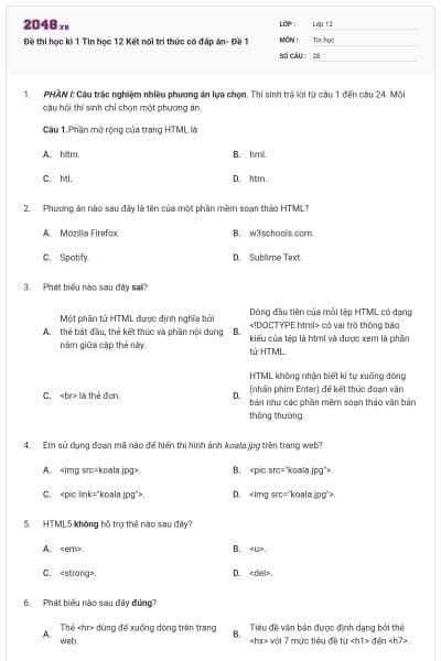 Đề thi học kì 1 Tin học 12 Kết nối tri thức có đáp án- Đề 1