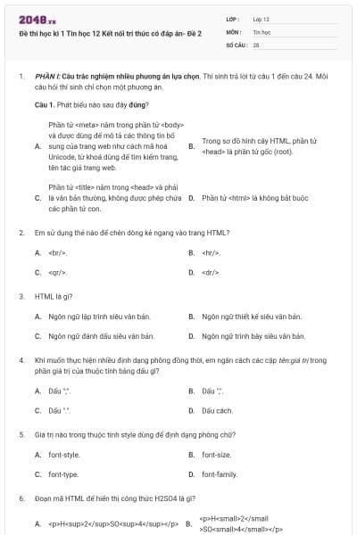 Đề thi học kì 1 Tin học 12 Kết nối tri thức có đáp án- Đề 2