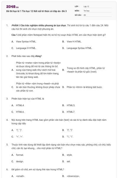 Đề thi học kì 1 Tin học 12 Kết nối tri thức có đáp án- Đề 3