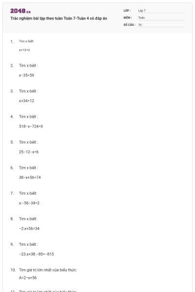 Trắc nghiệm bài tập theo tuần Toán 7-Tuần 4 có đáp án