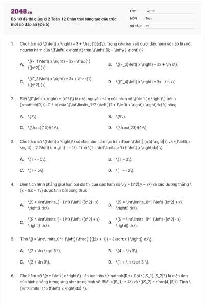 Bộ 10 đề thi giữa kì 2 Toán 12 Chân trời sáng tạo cấu trúc mới có đáp án (Đề 6)