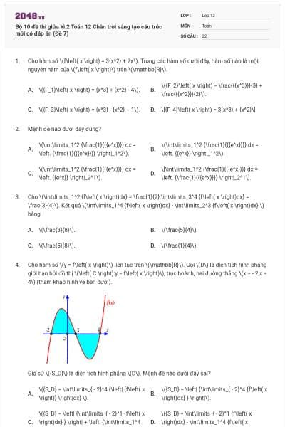 Bộ 10 đề thi giữa kì 2 Toán 12 Chân trời sáng tạo cấu trúc mới có đáp án (Đề 7)