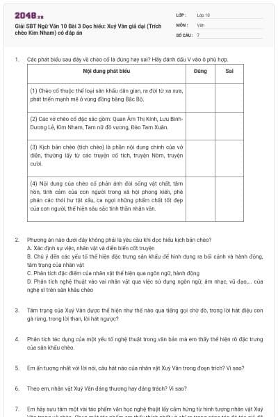 Giải SBT Ngữ Văn 10 Bài 3 Đọc hiểu: Xuý Vân giả dại (Trích chèo Kim Nham) có đáp án