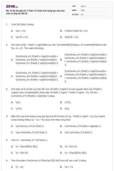 Bộ 10 đề thi giữa kì 2 Toán 12 Chân trời sáng tạo cấu trúc mới có đáp án (Đề 8)