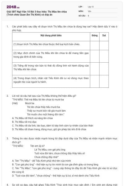 Giải SBT Ngữ Văn 10 Bài 3 Đọc hiểu: Thị Mầu lên chùa (Trích chèo Quan Âm Thị Kính) có đáp án