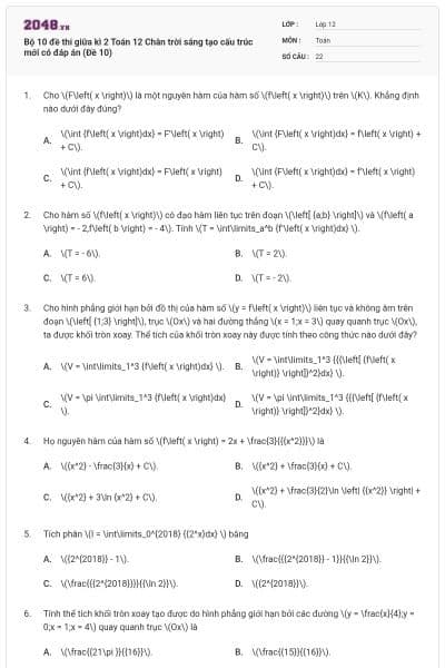 Bộ 10 đề thi giữa kì 2 Toán 12 Chân trời sáng tạo cấu trúc mới có đáp án (Đề 10)