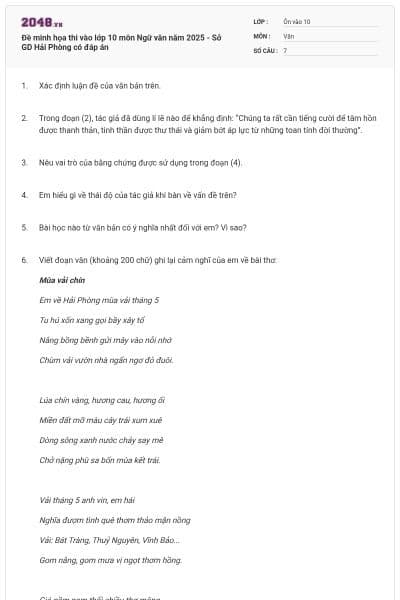 Đề minh họa thi vào lớp 10 môn Ngữ văn năm 2025 - Sở GD Hải Phòng có đáp án