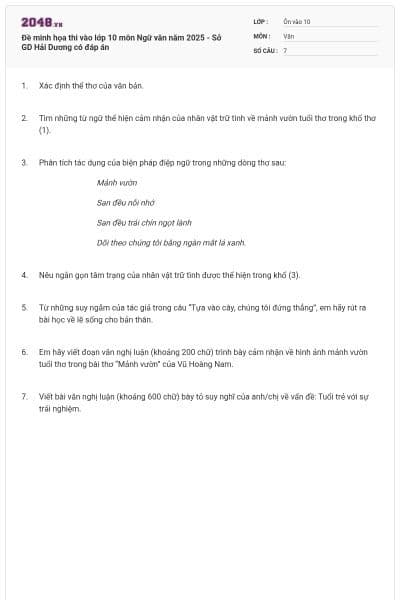 Đề minh họa thi vào lớp 10 môn Ngữ văn năm 2025 - Sở GD Hải Dương có đáp án