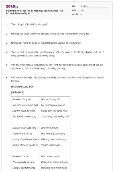 Đề minh họa thi vào lớp 10 môn Ngữ văn năm 2025 - Sở GD Ninh Bình có đáp án