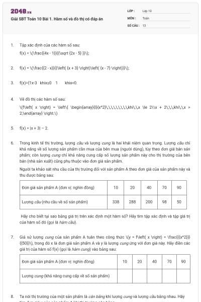 Giải SBT Toán 10 Bài 1. Hàm số và đồ thị có đáp án