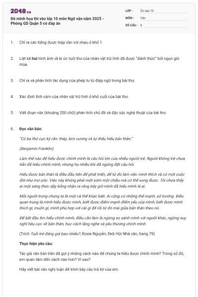 Đề minh họa thi vào lớp 10 môn Ngữ văn năm 2025 - Phòng GD Quận 5 có đáp án