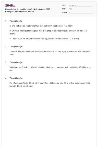 Đề minh họa thi vào lớp 10 môn Ngữ văn năm 2025 - Phòng GD Bình Thạnh có đáp án