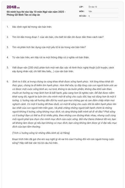Đề minh họa thi vào lớp 10 môn Ngữ văn năm 2025 - Phòng GD Bình Tân có đáp án