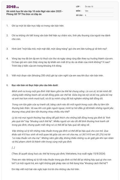 Đề minh họa thi vào lớp 10 môn Ngữ văn năm 2025 - Phòng GD TP Thủ Đức có đáp án