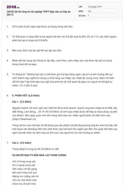 (2025) Đề thi tổng ôn tốt nghiệp THPT Ngữ văn có đáp án (Đề 4)