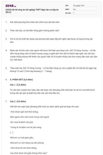 (2025) Đề thi tổng ôn tốt nghiệp THPT Ngữ văn có đáp án (Đề 6)