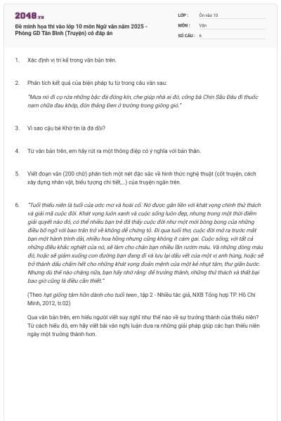 Đề minh họa thi vào lớp 10 môn Ngữ văn năm 2025 - Phòng GD Tân Bình (Truyện) có đáp án