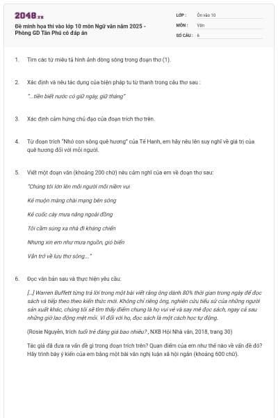 Đề minh họa thi vào lớp 10 môn Ngữ văn năm 2025 - Phòng GD Tân Phú có đáp án